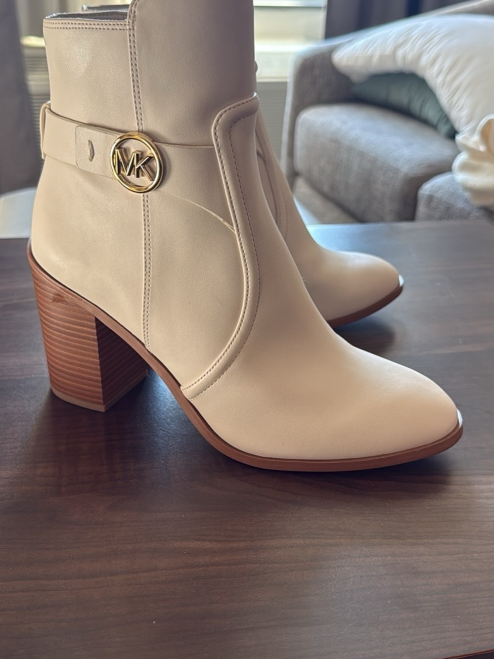 Michael Kors Cream Block Heel Ankle Boots with Gold MK Emblem